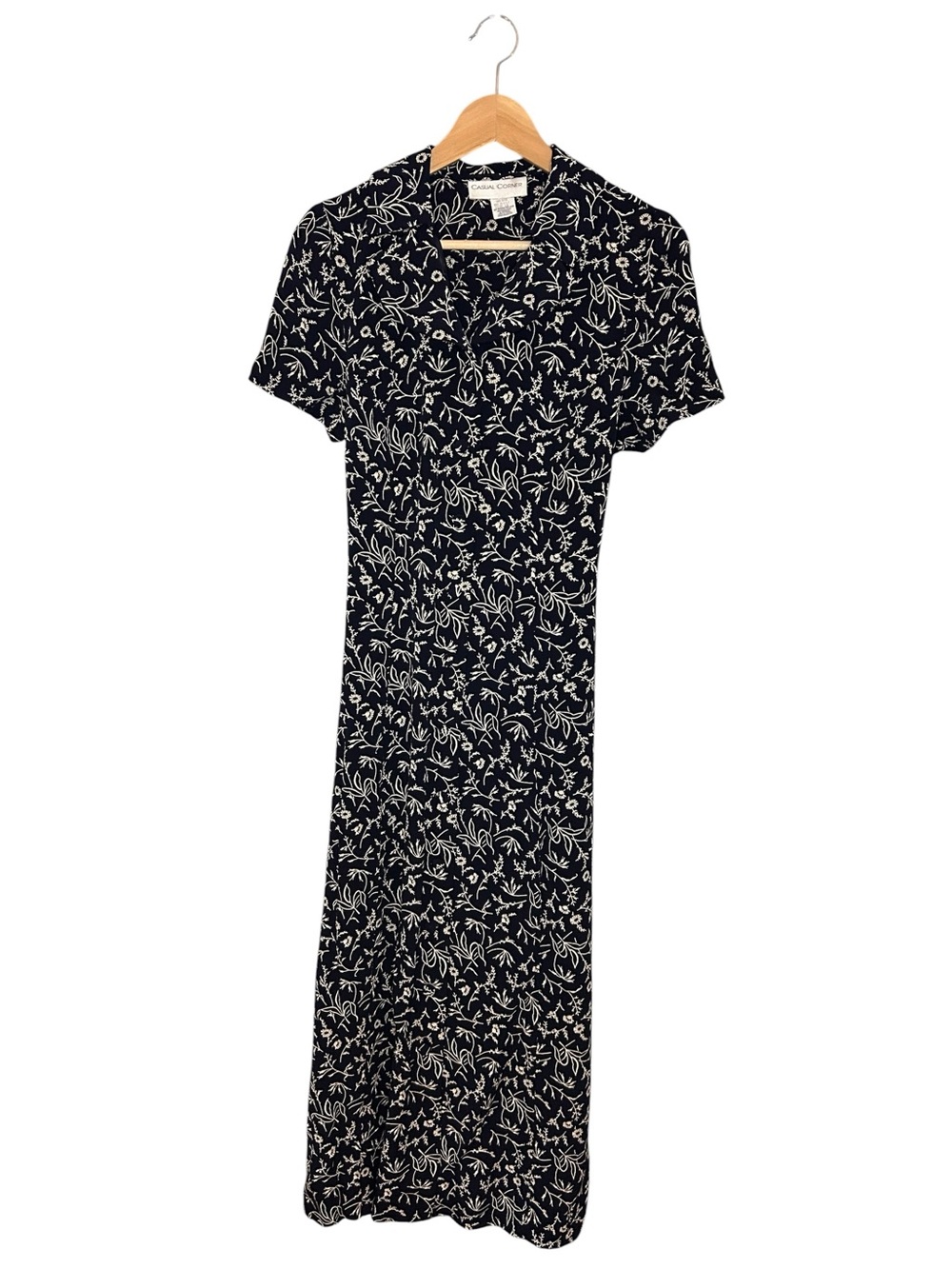 Vintage 90s Casual Corner Floral Rayon Midi Dress Tie Back Size 14